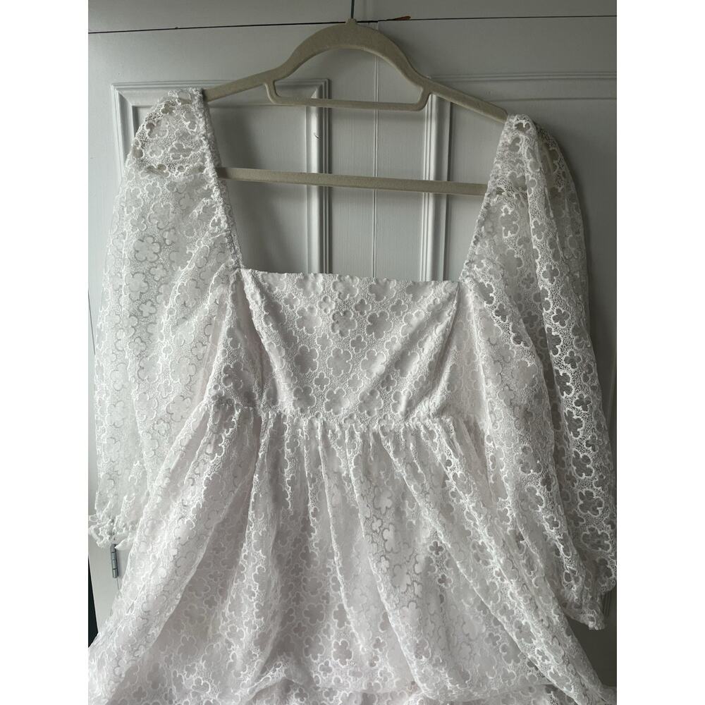 Storia White Floral Lace Mini Dress Size Large L Puff Sleeve Square Neck Wedding